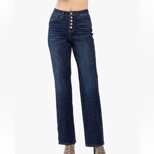 Judy Blue Women's High Waisted Button Front Straight Leg Jeans Dark Wash Size 13